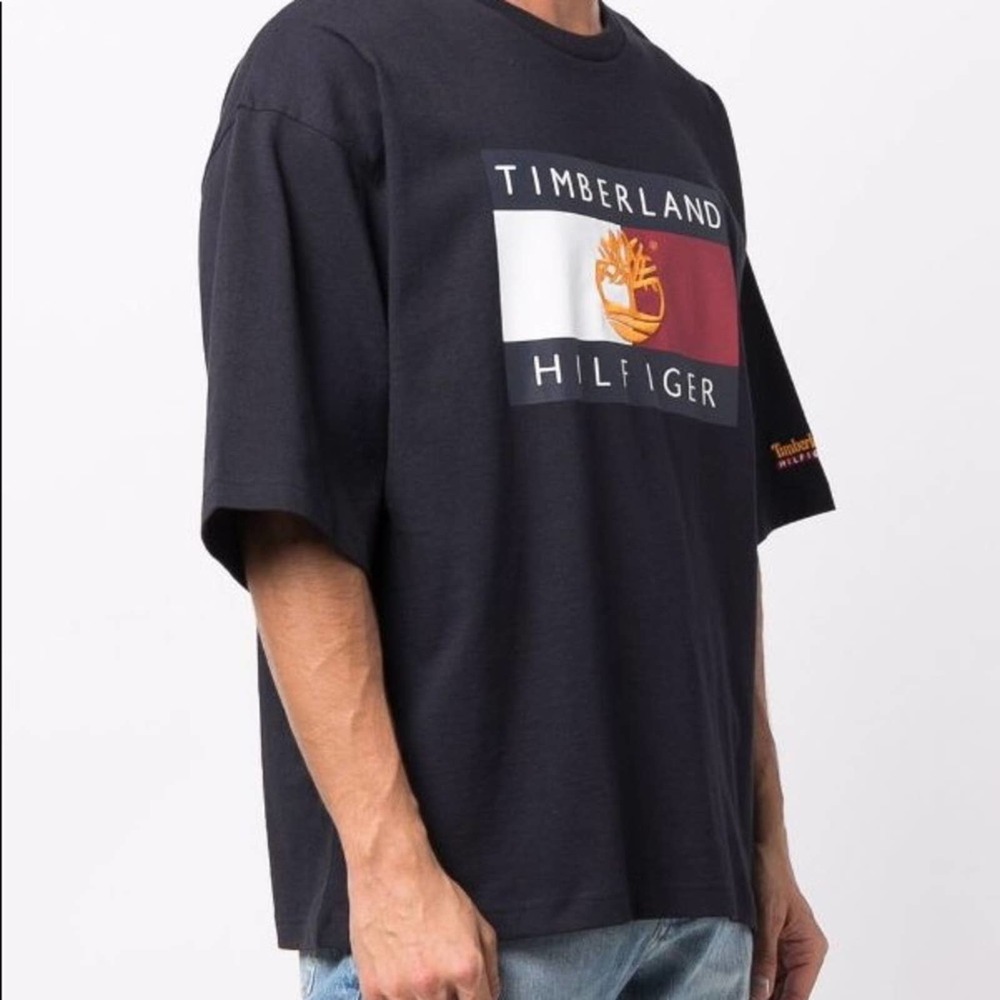 Timberland Black Graphic Logo Short Sleeve Tee with Red & White Accent
